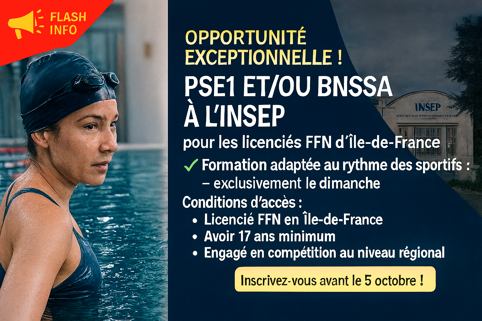 🆕 FLASH INFO – Formation PSE1 & BNSSA à l’INSEP pour les licenciés FFN Île-de-France !